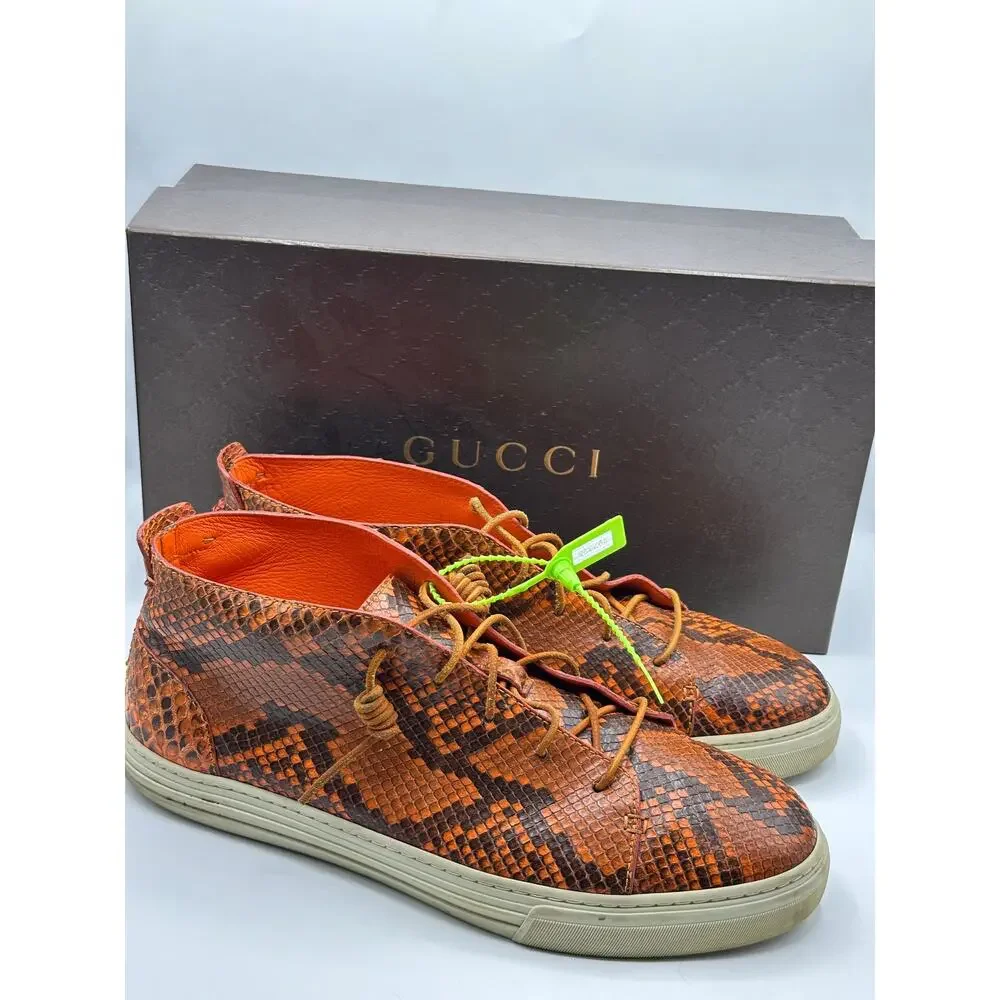 GUCCI Mid-Top Snakeskin Python Print Sneakers Orange Brown Sz 10 G/US 10.5 $1295